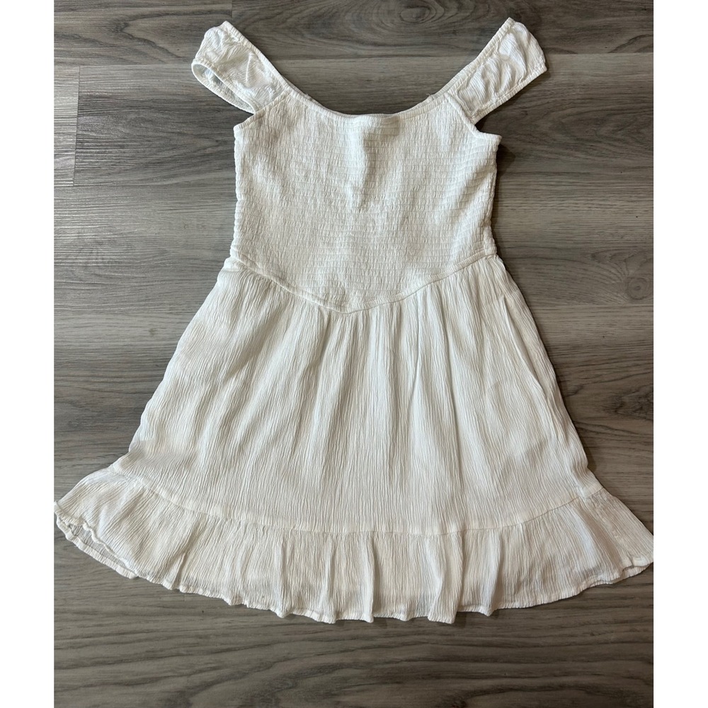 Aeropostale Womens Smocked Viscose Mini Dress L White Crinkle Ruffle